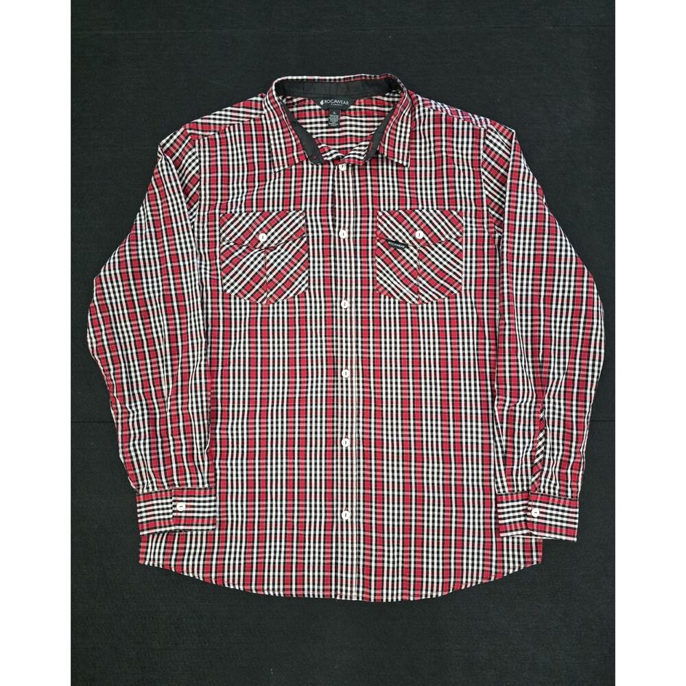 Rocawear Men’s XL Plaid Button Down Shirt Red Black Streetwear Y2K Hip Hop EUC